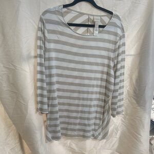 Chico's Cream and Gray Striped Long Sleeve Top